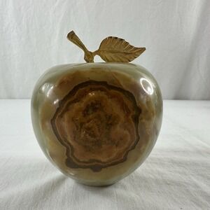 Large Heavy 3 lbs ONYX ? MARBLE APPLE Sculpture Green Brown Grained Brass Stem